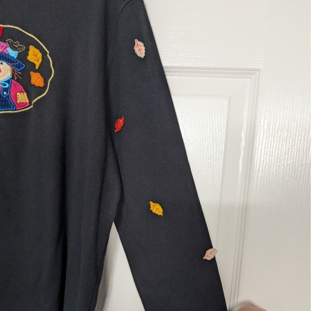 Vintage Fall Scarecrow Embroidered Shirt Womens Size Large Black Long Sleeve - Picture 5 of 11